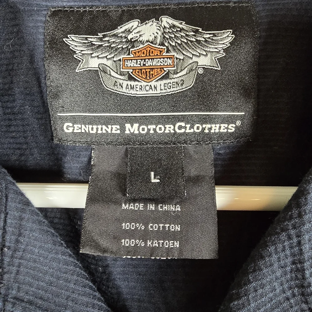 Harley-Davidson Men's Vintage Blue and Black Button Down Shirt Size L Moto - Picture 9 of 14